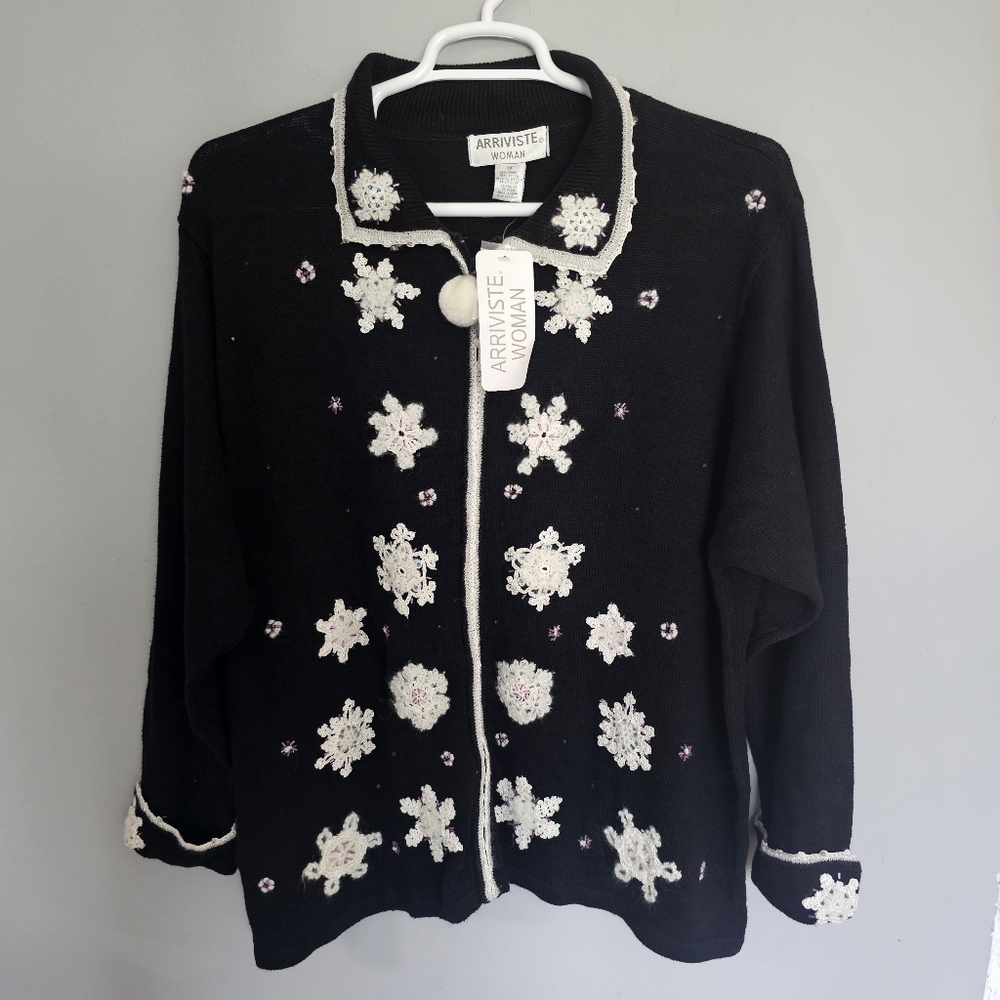 Vtg NWT Arriviste Cardigan Sweater 1X Black White Embroidered Beaded Snowflake